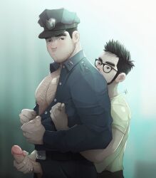 2boys boner boyfriends clothed erect_penis erection gavyn_(nerdyart) gay hairy_chest hank_(nerdyart) hard_on male male/male male_only nerdyart open_shirt penis_grab penis_out police police_uniform policeman twitter_user_oc unbuttoned_shirt yaoi