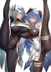 2girls alternate_version_available big_breasts blue_eyes blue_hair female female_only ganyu_(genshin_impact) genshin_impact hair_over_one_eye hi_res highres horns large_breasts leg_up long_hair looking_at_viewer purple_eyes qianshui_baodan shenhe_(genshin_impact) silver_hair standing_on_one_leg thick thick_thighs voluptuous white_background white_hair