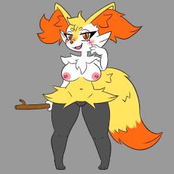 anthro big_breasts bodily_fluids braixen breasts canid canine fallenfoxie female fox fur furry furry_only genitals hi_res looking_at_viewer lustyfoxie mammal nintendo nipples nude pokémon_(species) pokemon pokemon_(species) pussy simple_background smile solo tail video_games