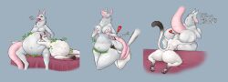 2018 absurd_res anthro ass bed belly big_belly big_breasts blue_eyes bodily_fluids breasts breath butt_expansion butt_smother damari_(noelram) dialogue digestion digitigrade domestic_cat duo english_text exclamation_point expansion felid feline felis female female_pred fur furniture green_eyes grey_body grey_fur hairless_tail heart hi_res kneeling large_breasts larger_female male male_pred mammal mecranord navel on_bed open_mouth overweight overweight_female panting pawpads pink_nose pink_pawpads rumbling_stomach saliva simple_background sitting size_difference smaller_male smothering tail_coil text thick_thighs tongue tongue_out vore weight_gain wide_hips zira_(ziravore) ziravore