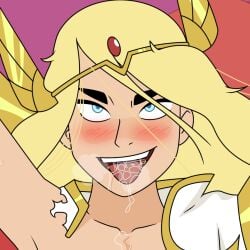 1girls adora ahe_gao armor blonde_female blonde_hair blue_eyes blush broken_armor clothing drooling female light-skinned_female light_skin long_hair open_mouth pauldrons platinum_blonde_hair ripped_clothing she-ra she-ra_and_the_princesses_of_power solo solo_female stiky_finkaz tiara tongue tongue_out