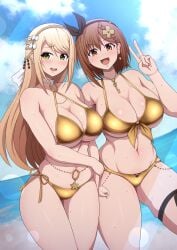 2022 2girls atelier_(series) atelier_ryza beach bikini blonde_hair blush breasts brown_eyes brown_hair cleavage female female_only gold_bikini golden_bikini green_eyes hi_res hips huge_breasts klaudia_valentz outdoors peace_sign ponpo ponponmaru reisalin_stout short_hair shy slim_waist smile thick_thighs thighs