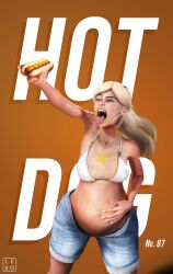 3d belly belly_stuffing big_belly bloated bloated_belly breasts drool female food hand_on_belly hot_dog lexogenki nipple_bulge open_mouth saliva slob solo_female stuffed stuffed_belly stuffing tongue tongue_out