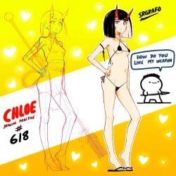 bikini black_hair blue_eyes chloe_(srgrafo) devil_horns micro_bikini sketch srgrafo