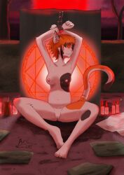 anthro arc_rose blush breasts calico_cat candle ciera_locuat cloth domestic_cat felid feline felis female genitals hair looking_at_viewer magic magic_circle mammal mottled night nipples nude orange_hair piebald pussy red_moon ritual