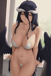 1girls 2022 albedo_(overlord) artist_signature bikini black_hair black_wings breasts cleavage demon demon_girl demon_horns feathered_wings female female_only hi_res hips horns huge_breasts indoors light_blush long_hair looking_at_viewer micro_bikini overlord_(maruyama) slim_waist succubus succubus_horns succubus_wings thick_thighs thighs white_bikini wide_hips wings yellow_eyes zaphn