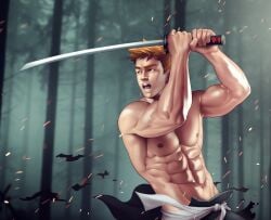 bleach ichigo_kurosaki male_focus male_only muscular muscular_male nerdyart shirtless sword teen_boy woods