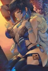 1girls 2022 absurd_res big_breasts black_hair blue_hair breasts clothed clothed_female cutesexyrobutts_(style) female female_only genshin_impact green_eyes hips huge_breasts lesottart looking_at_viewer short_hair slim_waist thick_thighs thigh_boots thighs two_tone_hair wide_hips yelan_(genshin_impact)