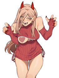 1girls alternate_version_available blonde_hair breasts chainsaw_man demon female_only horns long_fingernails long_hair porqueloin power_(chainsaw_man) red_dress sharp_teeth solo solo_female