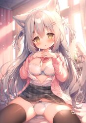 animal_ear_fluff animal_ears black_legwear blush bow bow_bra bow_panties bra breasts brown_eyes cardigan cat_ears cat_girl cat_tail cleavage clothes_lift female grey_hair grey_skirt hair_ornament hairclip hands_on_own_chest highres long_hair looking_at_viewer medium_breasts momozu_komamochi open_clothes open_shirt original own_hands_together panties pink_cardigan plaid plaid_skirt ribbon shirt sitting skirt skirt_lift solo spread_legs tail tail_ornament tail_ribbon thighhighs thighs two_side_up unbuttoned underwear white_bra white_panties white_shirt