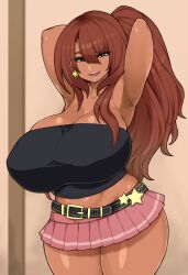 1girls 2021 armpits arms_behind_back bandeau belt black_bandeau breasts brown_hair brown_skin clothed clothing curvy curvy_figure dark-skinned_female dark_skin dialogue earrings female female_focus fully_clothed gigantic_breasts gyaru huge_breasts japanese_text kuro_gyaru long_hair looking_at_viewer miniskirt oc original original_character otogi_tetsurou pink_miniskirt solo solo_focus star_earrings talking_to_viewer text thick_thighs translation_request wide_hips