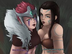 2girls ashe_(league_of_legends) blue_eyes bodypaint bra breasts brown_hair clothed clothing english_text female female_only league_of_legends light-skinned_female light_skin multiple_girls pink_hair quinn scarmiglione text woad_ashe woad_scout_quinn woad_tribe