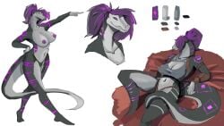 absurd_res anthro aphra_scarlett_hellsing arro_art bedroom_eyes black_mamba chilling elapid_(snake) female hair hi_res humanoid mamba model_sheet narrowed_eyes nipples pose purple_eyes purple_hair purple_nipples reptile scalie seductive sitting smile snake solo tattoo