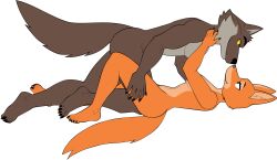 5_fingers 5_toes anthro canid canine canis claws couple_(disambiguation) cuddling diane_foxington dreamworks duo eye_contact feet female fingers fox happy hi_res looking_at_another male male/female mammal mr._wolf_(the_bad_guys) nude sparksstars the_bad_guys toes wholesome wolf