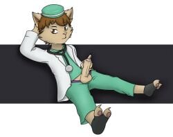 1boy anthro clothed fur furry furry_only green_hat kennen kennen_m.d. league_of_legends male male_only medical pants_down riot_games solo_focus solo_male thunderlewd yordle yordle_only