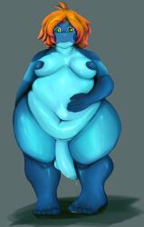 1futa 2022 5_toes absurd_res amphibian anthro balls belly big_belly big_penis blue_body blue_skin bodily_fluids breasts dustin_(sfd) feet frog futanari genital_fluids genitals glistening glistening_body green_eyes gynomorph hair hi_res intersex navel nipples obese obese_anthro obese_gynomorph obese_intersex orange_hair overweight overweight_anthro overweight_gynomorph overweight_intersex penis precum shadowfirdark solo thick_thighs toes wide_hips