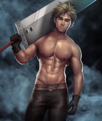 cloud_strife final_fantasy final_fantasy_vii muscles muscular muscular_male nerdyart shirtless_(male) sword