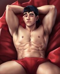 abs armpits arms_behind_head big_hero_6 bulge disney hairy_armpits male_nipples male_only marvel muscles muscular muscular_male nerdyart pecs realistic snapback tadashi_hamada underwear