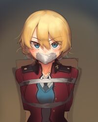 1girls arms_behind_back blonde_hair blue_eyes bondage bound darjeeling female_only gag gagged girls_und_panzer glaring helpless kaddo looking_at_viewer restrained solo tape tape_gag uniform