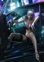 1girls 3d belly_button bikini bra car detailed_background earrings evelynn female female_only fishnets high_heels k/da_all_out_evelynn k/da_all_out_series league_of_legends light-skinned_female light_skin lingerie looking_at_viewer medium_breasts navel open_toe_shoes panties pinup solo therealzoh thighhighs white_hair yellow_eyes