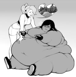 2girls bbw big_breasts breasts dark-skinned_female dark_skin egyptian egyptian_female fat female mercy middle_eastern middle_eastern_female morbidly_obese obese overwatch overweight pewbutt pharah skimpy ssbbw torn_clothes weight_gain