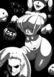 1boy 1girls big_breasts black_and_white breasts english english_text female ghost ghost_girl halloween hips huge_breasts long_hair male mr.russo one_piece panties perona pumpkin roronoa_zoro shounen_jump skimpy_clothes slim smile smiling striped_legwear striped_panties teeth text thick_thighs thighhighs thighs twintails wide_hips