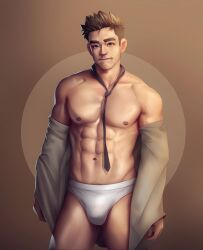 1boy bulge glasses male male_only muscles muscular muscular_male nerdyart open_shirt shirt_down solo tee-o_(nerdyart) tie twitter_user_oc underwear white_underwear