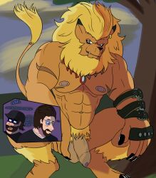 abs balls bara beard digimon digimon_adventure eric_rod glasses hairy hat leomon leyendasyvideojuegos lion male_only nude pda penis piercing rangugamer rangustreamer scars stare tree