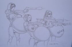 3girls areolae belly big_belly big_breasts breasts female female_only ghost_(starcraft) gun large_breasts monochrome nipples nova_(starcraft) pregnant pussy pussy_juice silverstar1976 sketch starcraft terran traditional_media_(artwork)