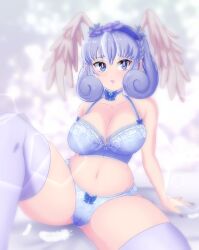 blue_bra blue_choker blue_panties blue_stockings blush blush feathers headband lingerie mageatmidnight melia_antiqua pudgy_belly wings xenoblade_(series) xenoblade_chronicles