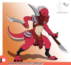 absurd_res anthro azrealm1 big_penis blade cosplay foreskin genitals hi_res kobold male male_only penis solo