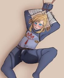 blonde_hair blue_eyes blush boner breath_of_the_wild bulge girly hands_tied hylian hylian_ears kiiroichi link link_(breath_of_the_wild) male male_only nintendo pointy_ears ponytail sheikah sheikah_link sketch solo solo_focus solo_male surprised the_legend_of_zelda tied_hair tied_hands tied_up tight_clothing