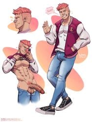 big_cock big_penis boner character_profile concept_art dialogue erect_penis erection hard_on huge_cock huge_penis looking_at_viewer lucas_(wererdraws) male male_only muscles muscular muscular_male pants_down penis_out pink_hair pubes selfie shirt_lift twitter_user_oc uncut wererdraws