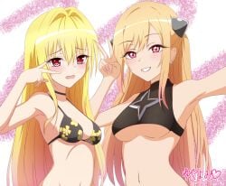 2girls armpits blonde_hair bra breasts cosplay ear_piercing embrassed eyebrows_visible_through_hair female_only golden_darkness half_body kitagawa_marin konjiki_no_yami large_breasts long_hair navel open_mouth peace_sign red_eyes selfie small_breasts smile smiling_at_viewer sono_bisque_doll_wa_koi_wo_suru teeth teeth_visible to_love-ru to_love-ru_darkness yellow_hair yuya_yomi