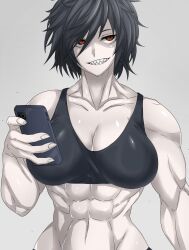 1girls abs black_hair breasts holding_phone light-skinned_female looking_at_viewer muscular_female original sharp_teeth smile workout_clothes zokusuke