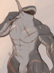 2022 abs anthro balls fin fish genitals gesture grey_body hi_res katabreak looking_at_viewer male male_only marine muscular muscular_male nipples nude penis scar shark sharp_teeth simple_background smile solo standing teeth