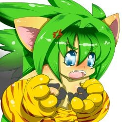 animal_ear blue_eyes blush catgirl cham_cham cute_fang female female_focus green_hair groping groping_from_behind hanageruge open_mouth samurai_shodown small_breasts tiger_print