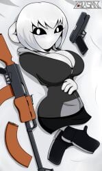 1girls ak47 artist_name bed big_breasts clothed female female_only grey_skin gun guns handgun laying_on_bed liz_(madnesscombat) looking_at_viewer lying_on_back madness_combat mixsan romman08 slight_blush solo tagme white_hair