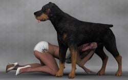 3d all_fours brodymax canine canine_penis clothed domestic_dog erection high_heels holding_penis imminent_fellatio knot large_penis simple_background skirt white_footwear zoophilia