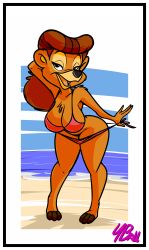 anthro beach bear big_breasts bikini border breasts clothed clothing digital_media_(artwork) disney female fourball fur hair hi_res looking_at_viewer mammal mature_female milf open_mouth outside rebecca_cunningham sand seaside sky smile solo swimwear talespin ursid water white_border