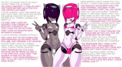 2boys android anon black_hair blush brown_body bulge bulge_through_clothing caption edit english_text femboy feminization hidden_eyes human_to_robot kuroino_(0kuro8ino6) looking_at_viewer male_only micro_bikini panty_bulge pink_hair robot robot_humanoid robot_neoanthropinae_polynian shamrock_(polynian) sissification sissy source_request talking_to_viewer text thong transformation white_body