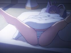 ahoge animal_ears blue_panties bunny_ears bunny_girl closed_eyes legs_up lying on_back panties purple_hair reisen_udongein_inaba shirosato sleeping spread_legs striped_panties tagme touhou