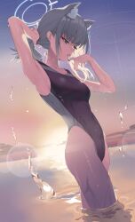 1girls adjusting_hair animal_ears armpits ass blue_archive blue_eyes earrings evening female female_only grey_hair half-closed_eyes halo highres hips legs light-skinned_female long_hair nails navel_visible_through_clothes one-piece_swimsuit ponytail ponytail_hold serie_niai shiroko_(blue_archive) shiroko_(swimsuit)_(blue_archive) skinny solo standing sunset swimming swimsuit tagme water wet_clothes wet_skin