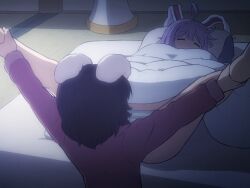 ahoge animal_ears blue_panties bunny_ears bunny_girl closed_eyes leg_grab legs_up lying on_back panties purple_hair reisen_udongein_inaba shirosato sleeping spread_legs striped_panties tagme tewi_inaba touhou