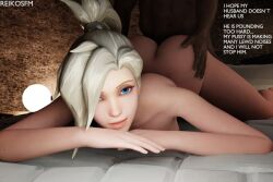 3d bed bedroom blonde_hair blue_eyes cheating cheating_wife dark-skinned_male doggy_style interracial light-skinned_female looking_at_viewer mercy netorare overwatch partial_male reikosfm smile smug