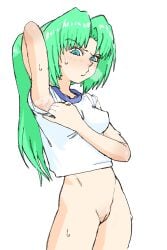 07th_expansion 1girls armpit_fetish armpits blue_eyes blush bottomless green_hair higurashi_no_naku_koro_ni mion_sonozaki pantsu_ripper ponytail pulling_clothing sweat sweating