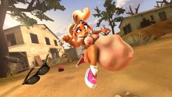 3d belly big_belly breasts casual coco_bandicoot crash_(series) eyewear female firearm footwear large_belly nipples ron1n666 same_size_vore shotgun vore weapon