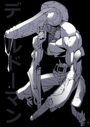 1boy absurdres belt black_background chainsaw_man clenched_teeth cum cum_string erection fingernails greyscale highres huge_cock male_focus monochrome muscular muscular_male original penis pobotto solo squatting teeth testicles topless_male veins veiny_penis