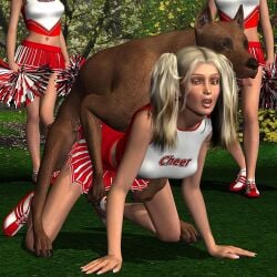 1animal 1boy 3d 3girls ambiguous_penetration blonde_hair brodymax canine cheerleader clothed clothed_sex doggy_style domestic_dog feral_on_female feral_on_human miniskirt on_grass on_ground open_mouth pom_poms sex shoes standing twintails zoophilia