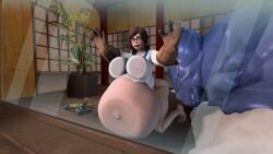 3d against_glass asian asian_female belly big_belly big_breasts breasts brown_hair glasses large_belly large_breasts mei_(overwatch) nipples nipples_visible_through_clothing overwatch ron1n666 toenails tongue_out